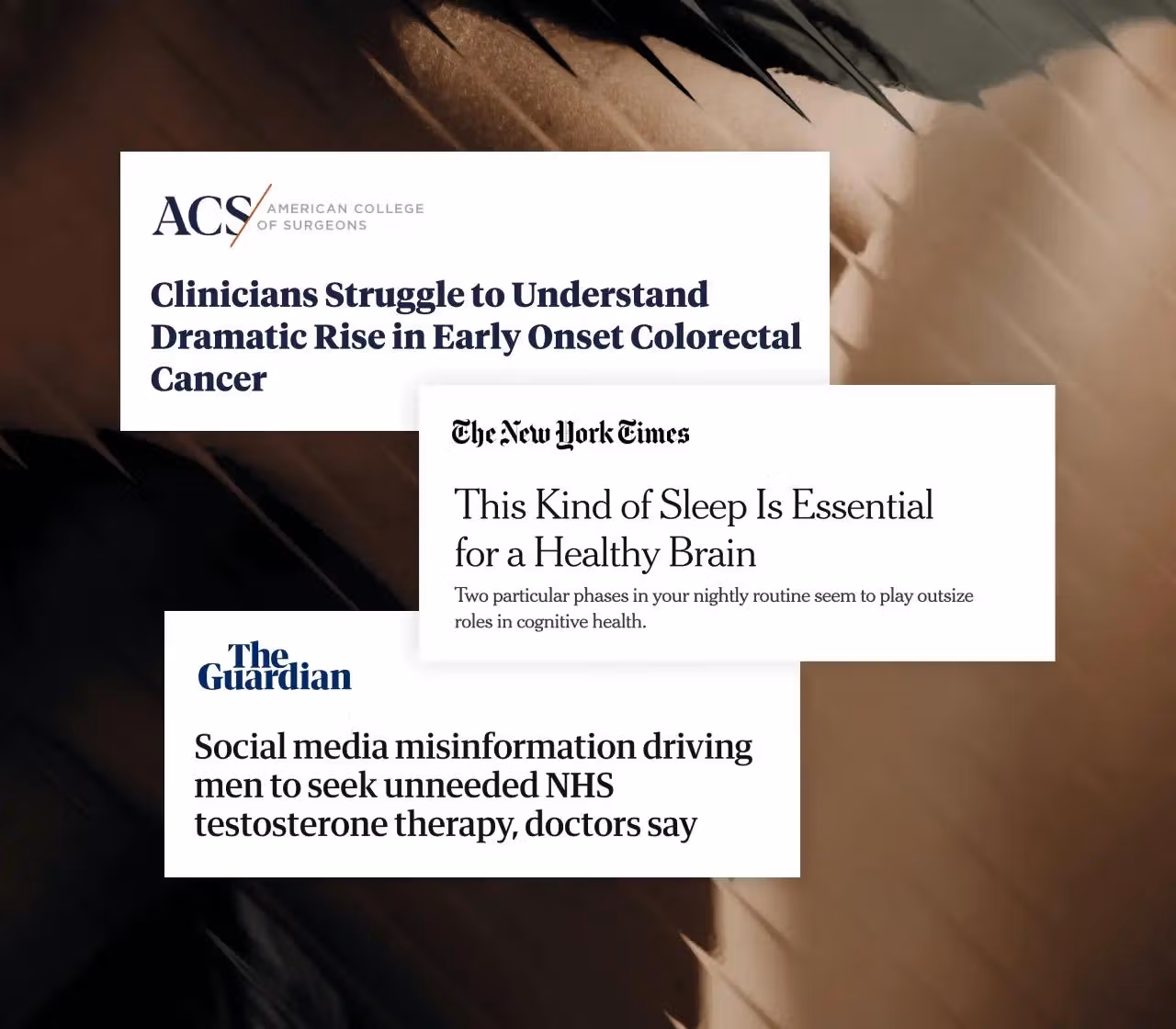 Collage of health-related news headlines from the American College of Surgeons, The New York Times, and The Guardian on an abstract brushstroke background